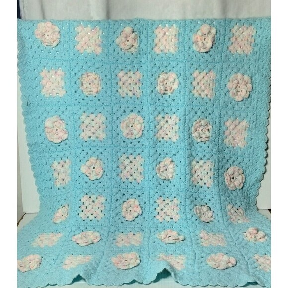 Hand Made 3D Floral Granny Square LtBlue and White With a little Sparkle Blanket - Picture 2 of 6